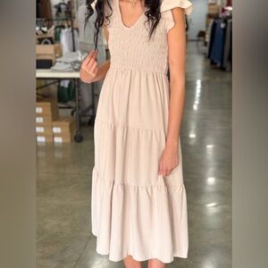 Blu Pepper Beige Smocked Tiered Maxi Dress